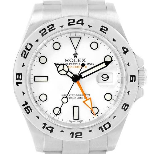The image shows a front view of a Rolex Explorer 216570 Men's Stainless Steel White Dial 216570 Men's Stainless Steel White Dial watch, displaying the dial, hands, date window, bezel, and part of the bracelet.