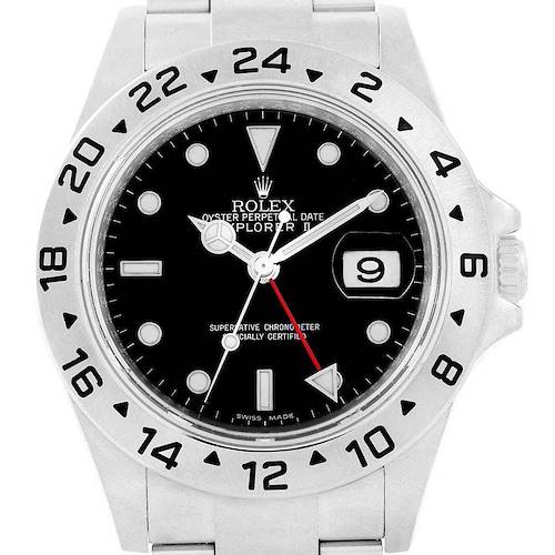 The image shows a frontal view of a Rolex Explorer 16570 Men's Stainless Steel Black Dial 16570 Men's Stainless Steel Black Dial watch, displaying the bezel, dial, hands, and date window.