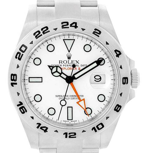 The Rolex Explorer 216570 Men's Stainless Steel White Dial 216570 Men's Stainless Steel White Dial watch is shown from the front, displaying its dial, bezel, and part of the bracelet.