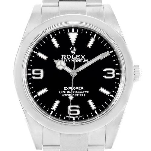The image shows a front view of a Rolex Explorer 214270 Men's Stainless Steel Black Dial 214270 Men's Stainless Steel Black Dial watch, displaying the face, hands, dial, and part of the bracelet and crown.