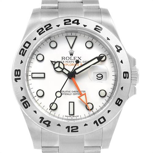 The Rolex Explorer 216570 Men's Stainless Steel White Dial 216570 Men's Stainless Steel White Dial model watch is shown from a front angle, highlighting its white dial, orange 24-hour hand, and stainless steel bracelet.