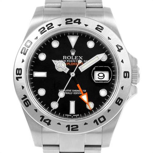 The image displays a front view of the Rolex Explorer 216570 Men's Stainless Steel Black Dial 216570 Men's Stainless Steel Black Dial watch, highlighting the dial, bezel, and bracelet.
