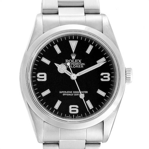 This image shows a front view of the Rolex Explorer 14270 Men's Stainless Steel Black Dial 14270 Men's Stainless Steel Black Dial watch, displaying the dial, hands, crown, and part of the bracelet.