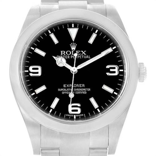The image shows a front view of the Rolex Explorer 214270 Men's Stainless Steel Black Dial 214270 Men's Stainless Steel Black Dial watch, highlighting its dial, bezel, crown, and part of the bracelet.