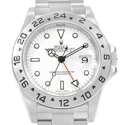 The image shows a front view of the Rolex Explorer 16570 Men's Stainless Steel White Dial 16570 Men's Stainless Steel White Dial watch, displaying its dial, bezel, and bracelet.