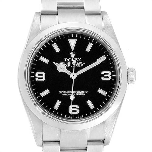 The image shows a front view of the Rolex Explorer 114270 Men's Stainless Steel Black Dial 114270 Men's Stainless Steel Black Dial watch, featuring its black dial and stainless steel bracelet.