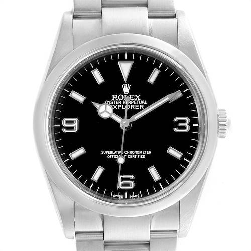 The image shows a front view of a Rolex Explorer 114270 Men's Stainless Steel Black Dial 114270 Men's Stainless Steel Black Dial watch, displaying the dial, bezel, crown, and part of the bracelet.