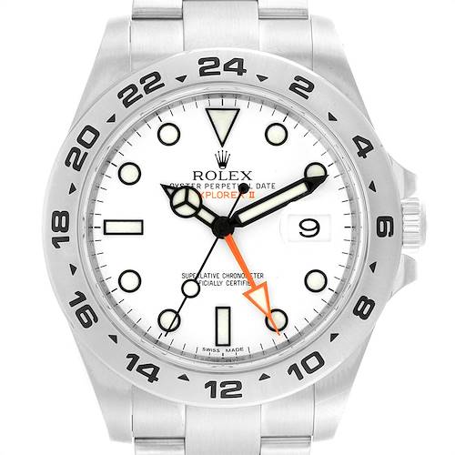 The image shows a frontal view of a Rolex Explorer 216570 Men's Stainless Steel White Dial 216570 Men's Stainless Steel White Dial watch, highlighting its white dial, bezel, and bracelet.