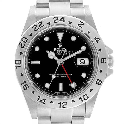 This image shows a close-up, front view of the dial and bezel of the Rolex Explorer 16570 Men's Stainless Steel Black Dial 16570 Men's Stainless Steel Black Dial watch.