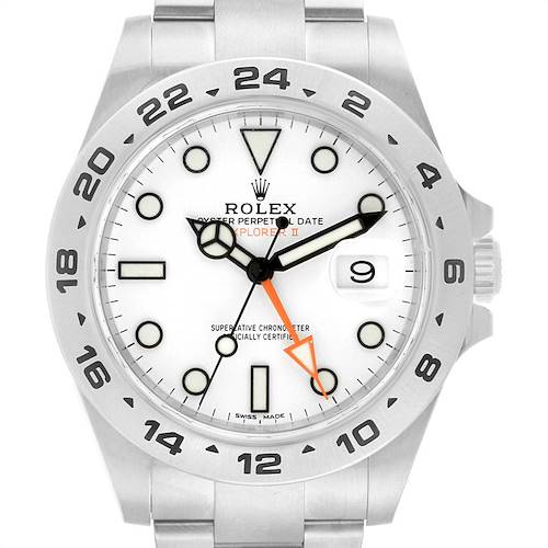 This image shows a front view of a Rolex Explorer 216570 Men's Stainless Steel White Dial 216570 Men's Stainless Steel White Dial watch, highlighting its white dial, 24-hour bezel, and orange GMT hand.