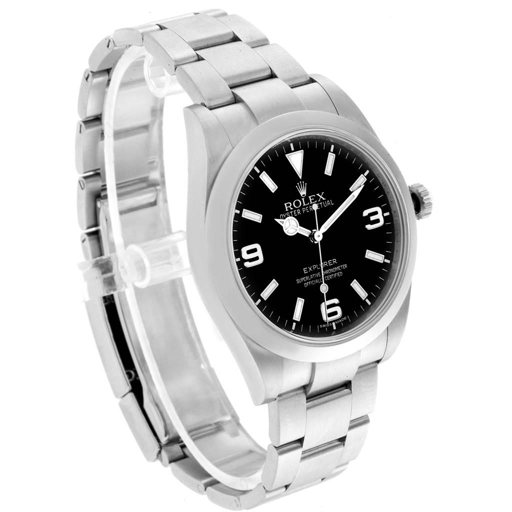 This image shows a Rolex Explorer 214270 Men's Stainless Steel Black Dial 214270 Men's Stainless Steel Black Dial watch at a slight angle, highlighting the face, bezel, crown, and bracelet.