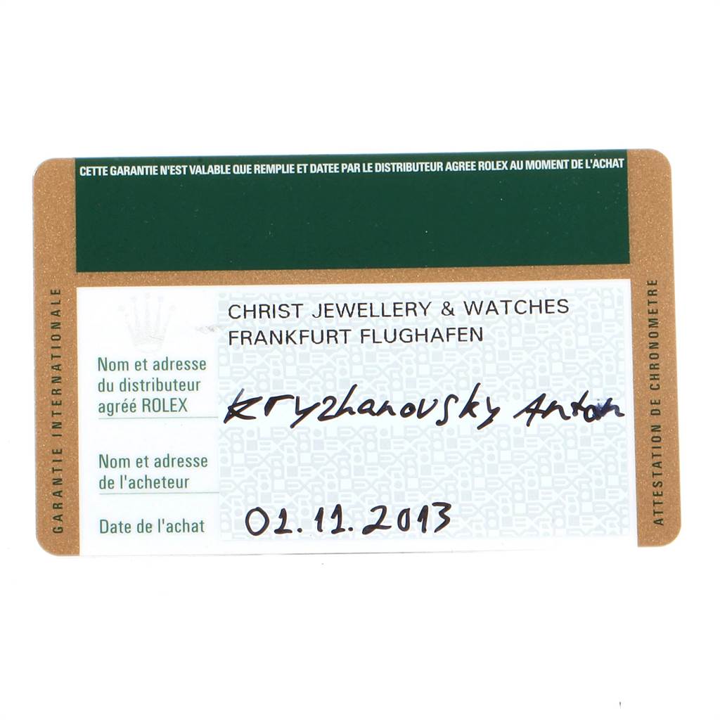 The image shows the warranty card for the Rolex Explorer 214270 Men's Stainless Steel Black Dial 214270 Men's Stainless Steel Black Dial model, detailing purchase information.