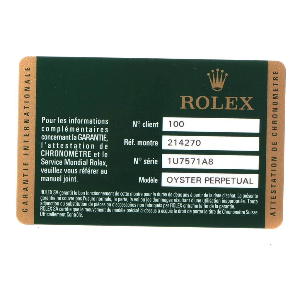 This image shows the warranty card of a Rolex Explorer 214270 Men's Stainless Steel Black Dial 214270 Men's Stainless Steel Black Dial watch, displaying details like customer number, model reference, and serial number.