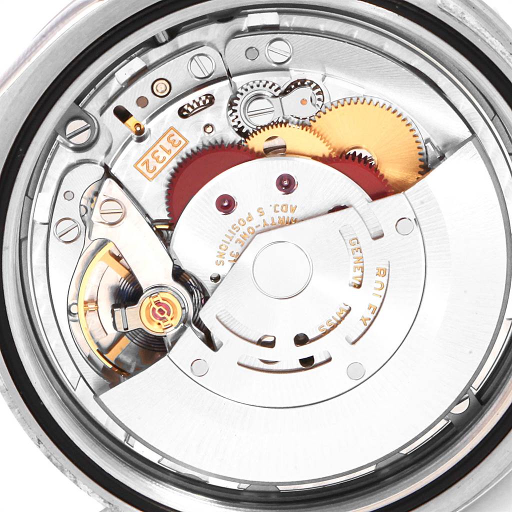 The image shows a close-up view of the movement mechanism inside a Rolex Explorer 214270 Men's Stainless Steel Black Dial 214270 Men's Stainless Steel Black Dial watch.