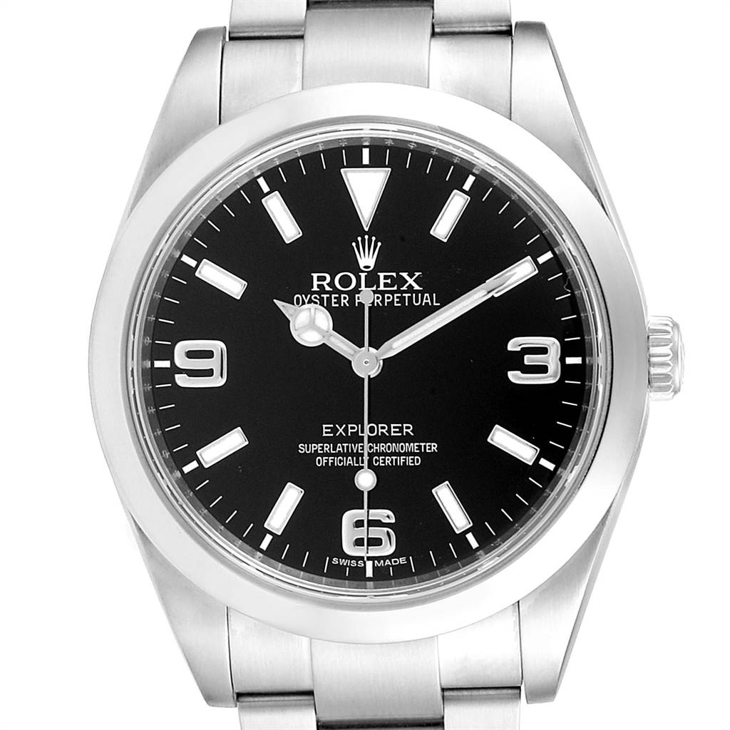 The image shows a front view of the Rolex Explorer 214270 Men's Stainless Steel Black Dial 214270 Men's Stainless Steel Black Dial watch, highlighting its black dial, silver indices, and stainless steel bracelet.