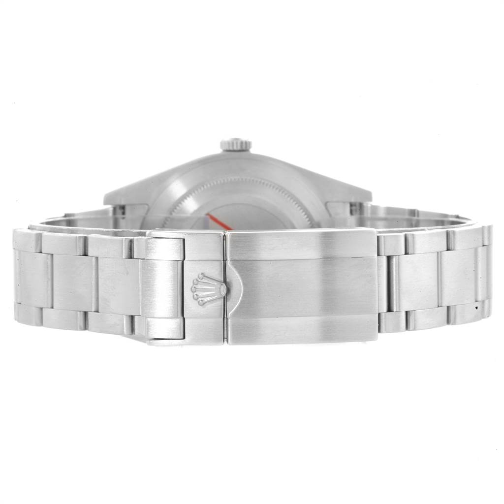 This is a rear view of the Rolex Explorer 214270 Men's Stainless Steel Black Dial 214270 Men's Stainless Steel Black Dial, focusing on its stainless steel bracelet and clasp.