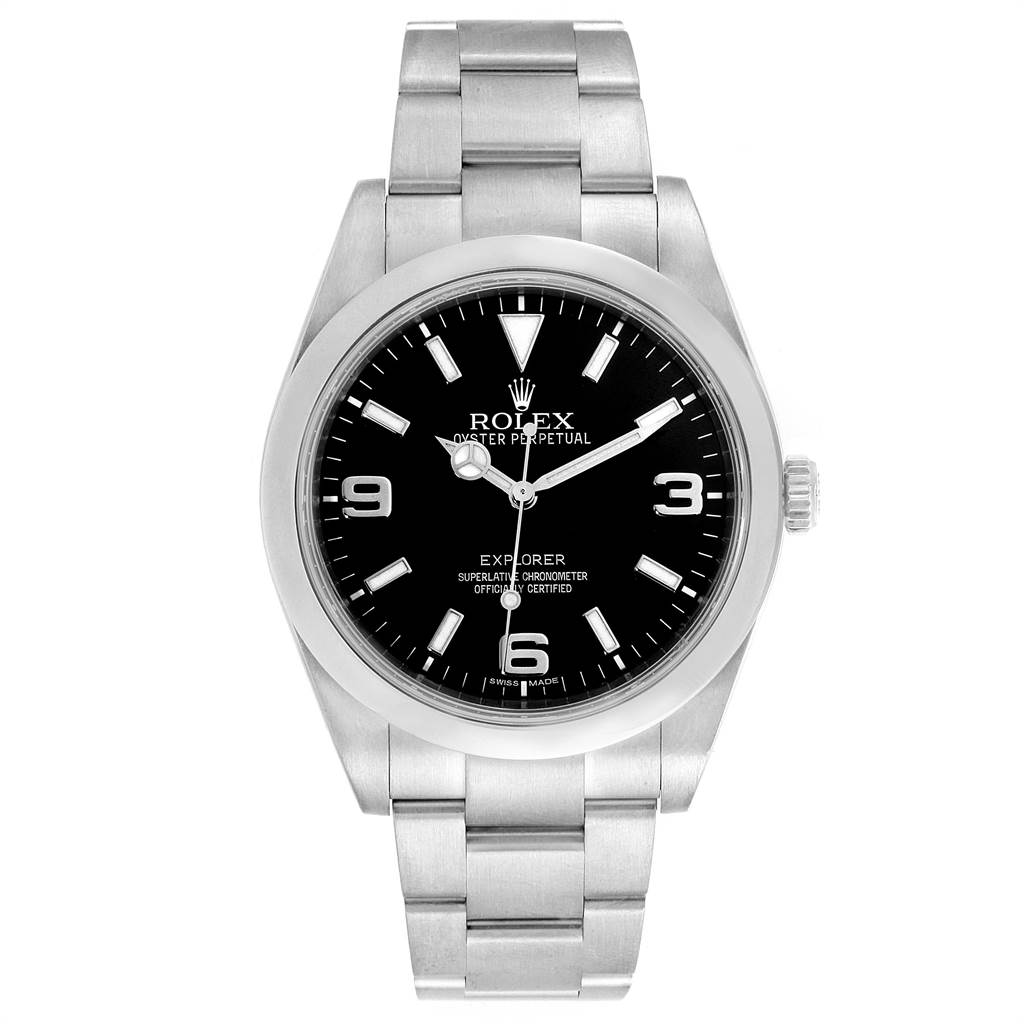 The image shows a front view of a Rolex Explorer 214270 Men's Stainless Steel Black Dial 214270 Men's Stainless Steel Black Dial watch featuring its black dial, steel case, and bracelet.