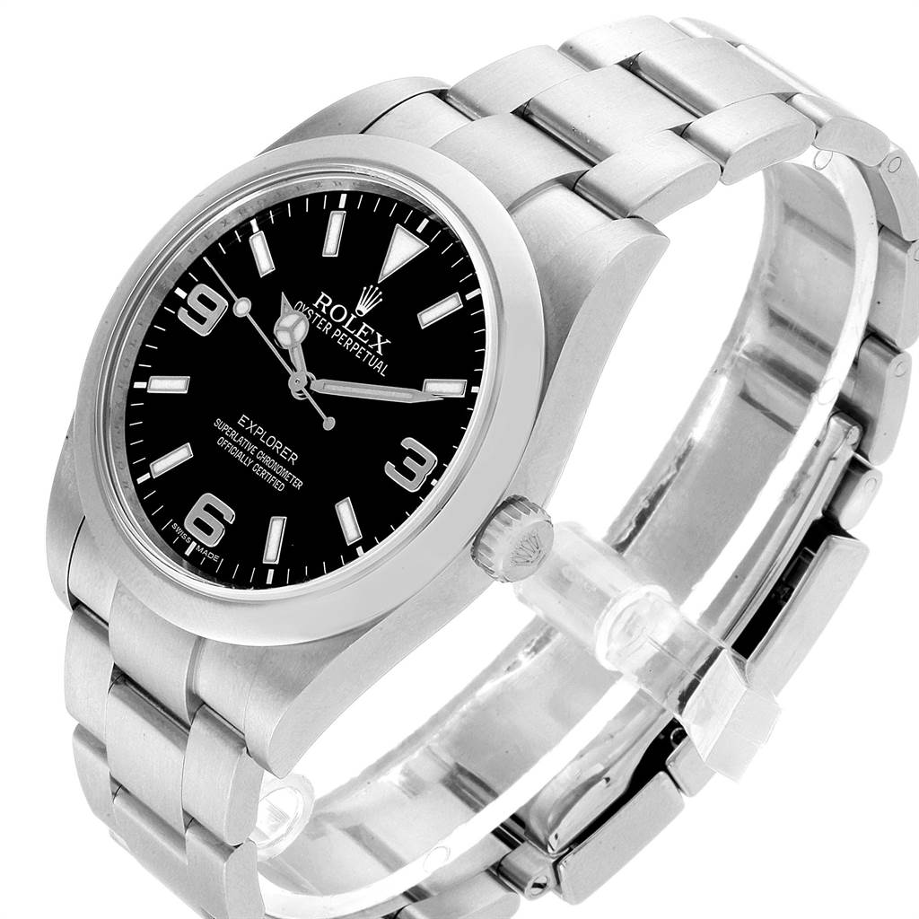 The image shows a Rolex Explorer 214270 Men's Stainless Steel Black Dial 214270 Men's Stainless Steel Black Dial model watch at an oblique angle, highlighting the dial, bezel, and bracelet.