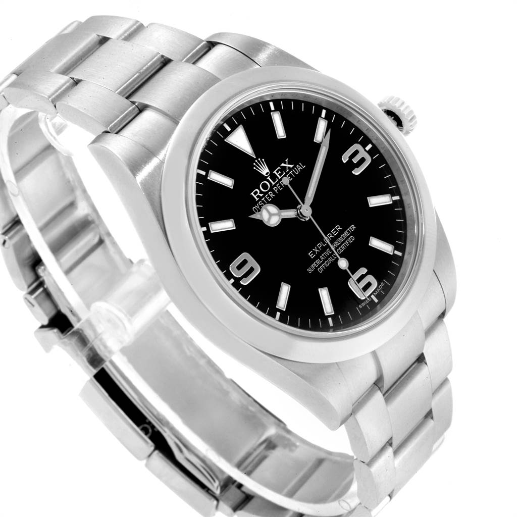 This image shows a Rolex Explorer 214270 Men's Stainless Steel Black Dial 214270 Men's Stainless Steel Black Dial model at a slight angle, displaying its stainless steel bracelet, case, and black dial.