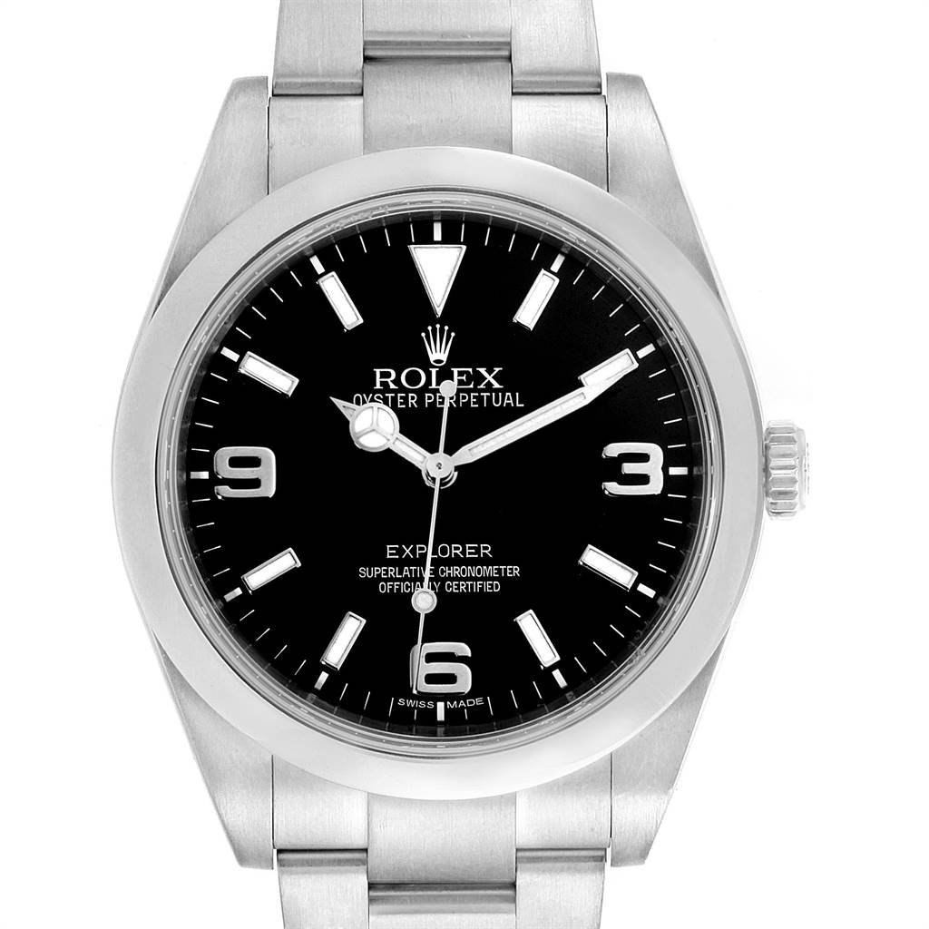 The image shows a front view of a Rolex Explorer 214270 Men's Stainless Steel Black Dial 214270 Men's Stainless Steel Black Dial watch, displaying the face, bezel, and part of the bracelet.