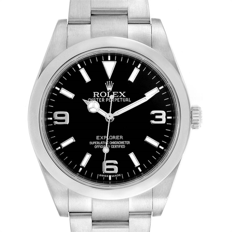 The image shows a front view of a Rolex Explorer 214270 Men's Stainless Steel Black Dial 214270 Men's Stainless Steel Black Dial watch, displaying the face, bezel, and part of the bracelet.