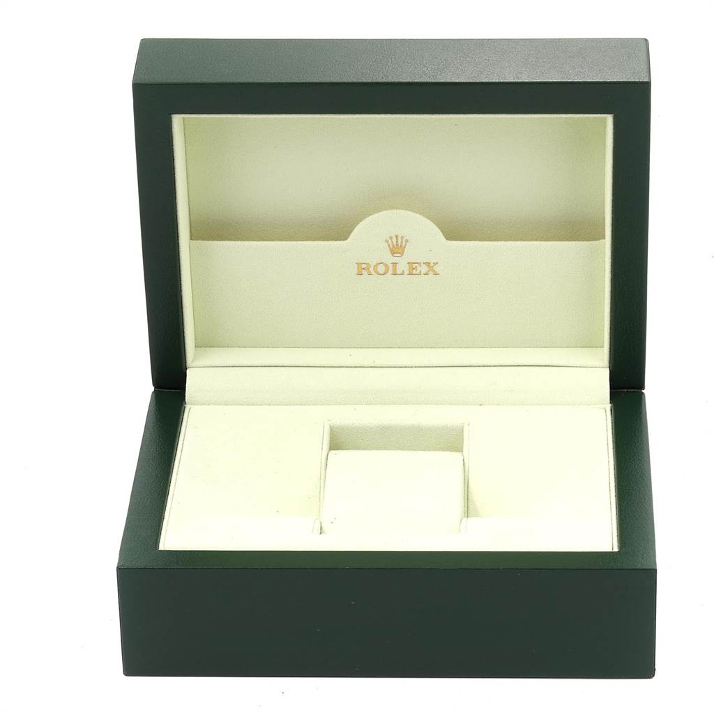 This is an open Rolex Explorer 16570 Men's Stainless Steel White Dial 16570 Men's Stainless Steel White Dial watch box viewed from the front, displaying the interior compartments and logo.