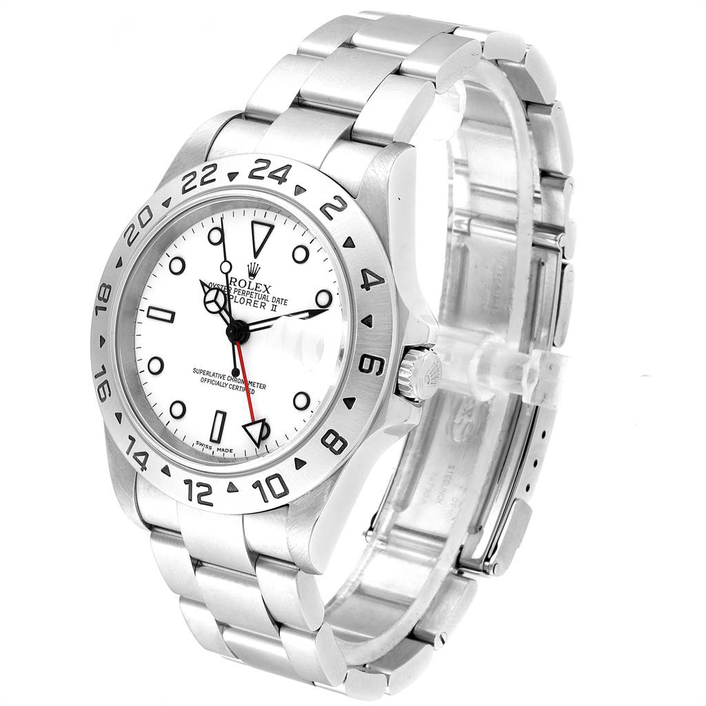 The image shows a Rolex Explorer 16570 Men's Stainless Steel White Dial 16570 Men's Stainless Steel White Dial watch from an angled side view, highlighting the bezel, dial, and bracelet.