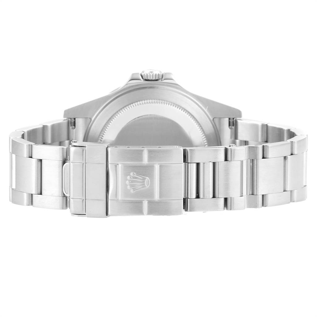 This image shows the back of a Rolex Explorer 16570 Men's Stainless Steel White Dial 16570 Men's Stainless Steel White Dial watch, focusing on the clasp and bracelet.