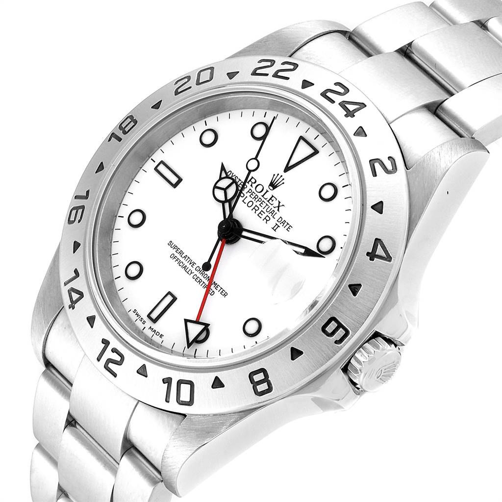 The image shows a close-up of a Rolex Explorer 16570 Men's Stainless Steel White Dial 16570 Men's Stainless Steel White Dial watch featuring its face, bezel, and bracelet at an angled view.