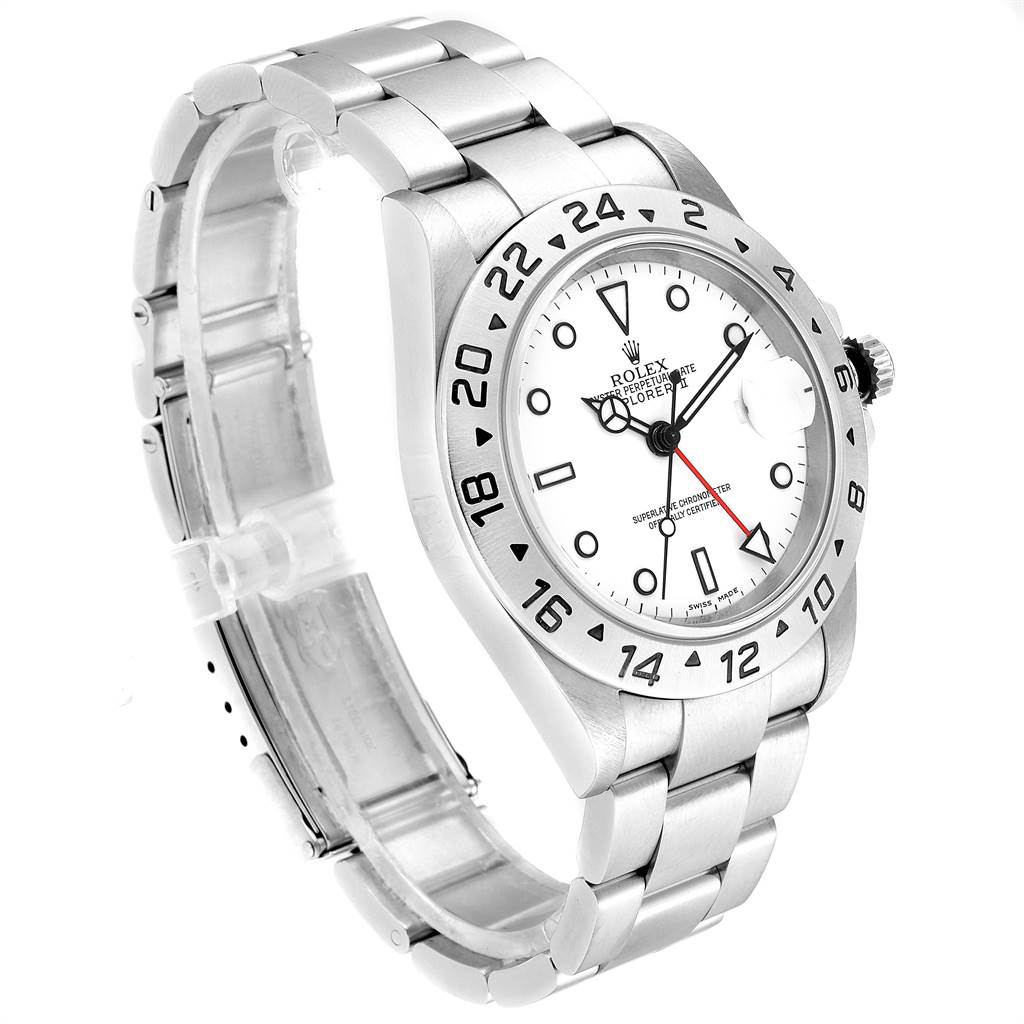 The image shows a side-angle view of a Rolex Explorer 16570 Men's Stainless Steel White Dial 16570 Men's Stainless Steel White Dial watch, highlighting the white dial, numerals bezel, and stainless steel bracelet.