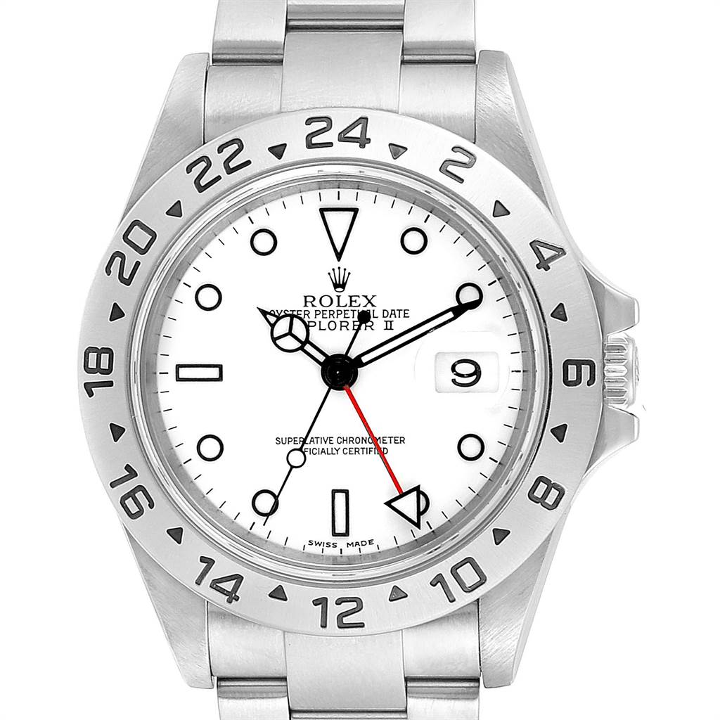 The image shows a front view of a Rolex Explorer 16570 Men's Stainless Steel White Dial 16570 Men's Stainless Steel White Dial watch, highlighting its white dial, date window, and numbered bezel.