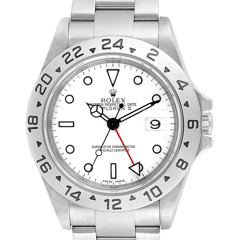 The image shows a front view of a Rolex Explorer 16570 Men's Stainless Steel White Dial 16570 Men's Stainless Steel White Dial watch, highlighting its white dial, date window, and numbered bezel.