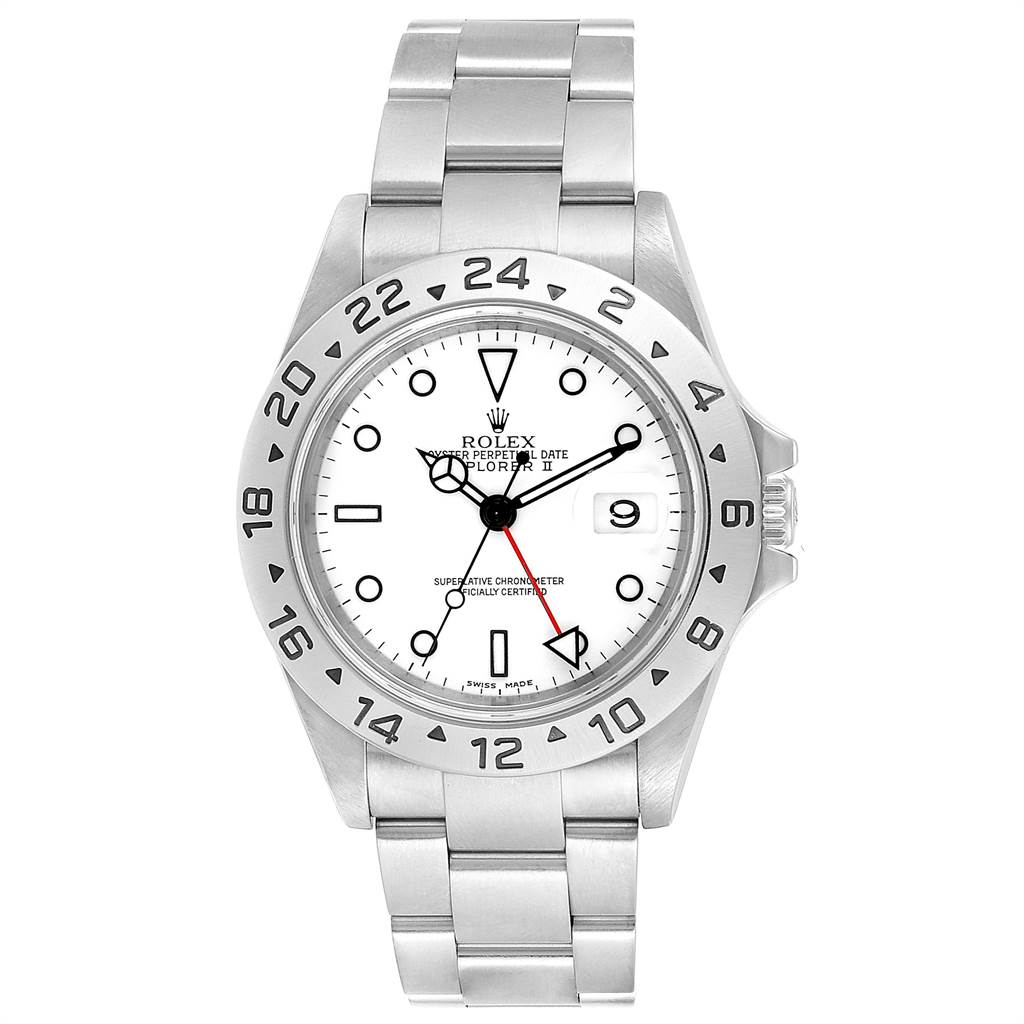 The image shows a frontal view of a Rolex Explorer 16570 Men's Stainless Steel White Dial 16570 Men's Stainless Steel White Dial watch, displaying the dial, bezel, bracelet, and crown.