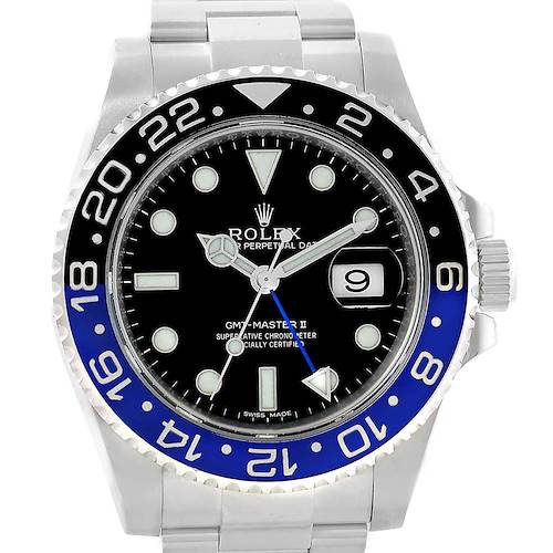 This image shows a front view of a Rolex GMT-Master 116710 Men's Stainless Steel Black Dial 116710 Men's Stainless Steel Black Dial II watch with a bi-color bezel and a date display.