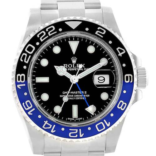 This image shows the front view of a Rolex GMT-Master 116710 Men's Stainless Steel Black Dial 116710 Men's Stainless Steel Black Dial II watch, highlighting its bezel, dial, hands, and date display.