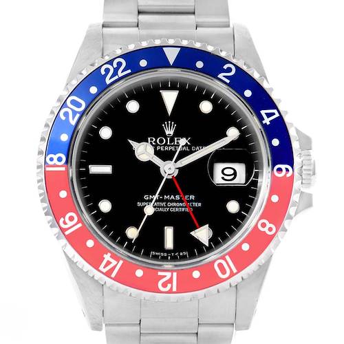The image shows a front view of a Rolex GMT-Master 16700 Men's Stainless Steel Black Dial 16700 Men's Stainless Steel Black Dial watch, featuring a black dial, dual-color bezel, and date window.