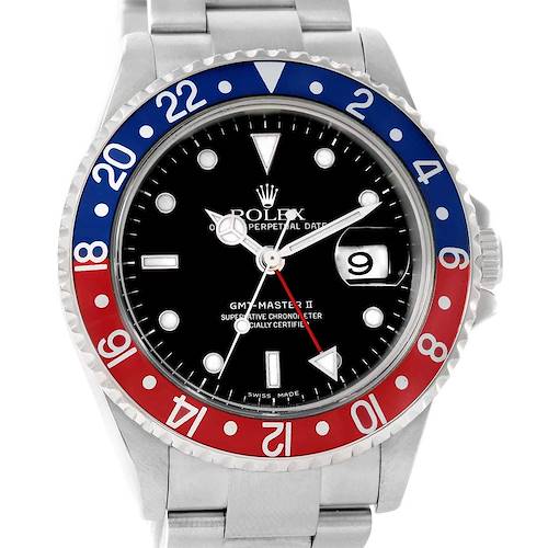 This image shows a front view of a Rolex GMT-Master 16710 Men's Stainless Steel Black Dial 16710 Men's Stainless Steel Black Dial II watch, highlighting its face, bezel, and part of the stainless steel bracelet.