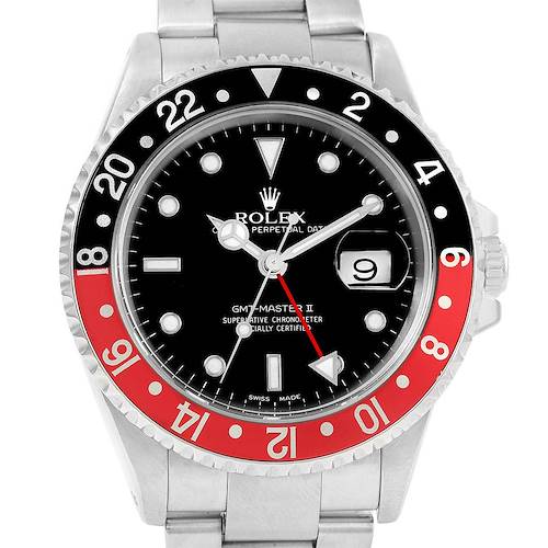 This image shows a front view of the Rolex GMT-Master 16710 Men's Stainless Steel Black Dial 16710 Men's Stainless Steel Black Dial II watch, highlighting the dial, bezel, and date window.