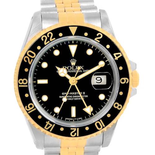 The image shows a front view of a Rolex GMT-Master 16713 Men's Stainless Steel Black Dial 16713 Men's Stainless Steel Black Dial II watch with a black dial and two-tone bracelet.