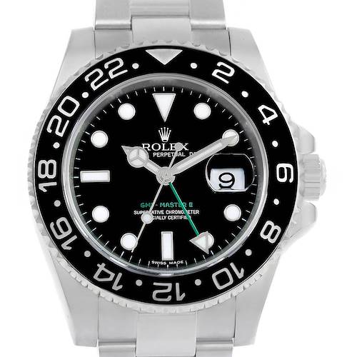 This image shows a front angle of the Rolex GMT-Master 116710 Men's Stainless Steel Black Dial 116710 Men's Stainless Steel Black Dial II, displaying its black dial, rotating bezel, and Oyster bracelet.