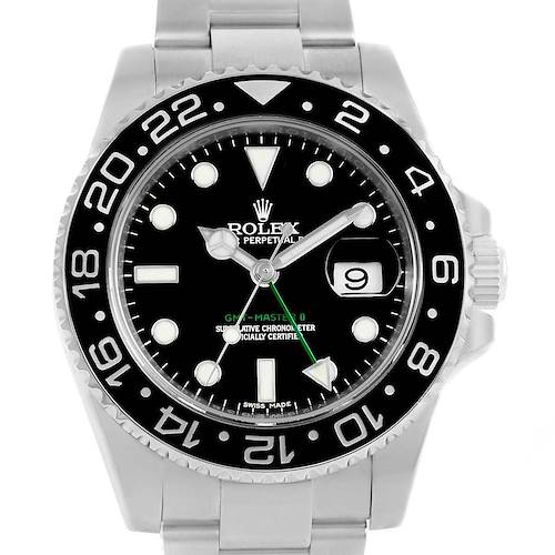 The image shows a front view of the Rolex GMT-Master 116710 Men's Stainless Steel Black Dial 116710 Men's Stainless Steel Black Dial watch, highlighting the dial, bezel, and bracelet.