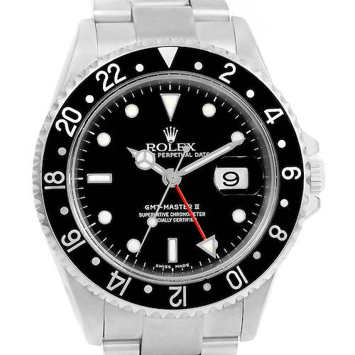 This image shows a frontal view of a Rolex GMT-Master 16710 Men's Stainless Steel Black Dial 16710 Men's Stainless Steel Black Dial II watch, highlighting the dial, bezel, and part of the bracelet.