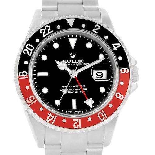The image shows a frontal view of a Rolex GMT-Master 16710 Men's Stainless Steel Black Dial 16710 Men's Stainless Steel Black Dial II watch with a black and red bezel and a black dial.