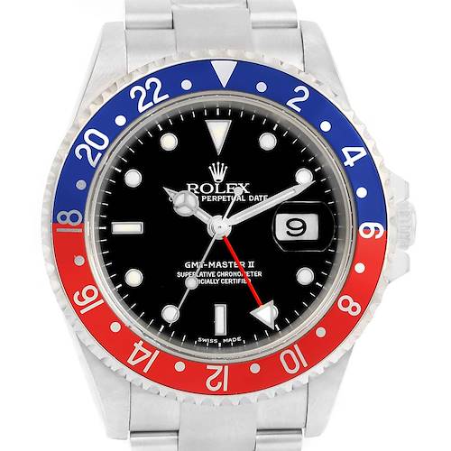 The image shows a front view of a Rolex GMT-Master 16710 Men's Stainless Steel Black Dial 16710 Men's Stainless Steel Black Dial II watch with a black dial and a red-blue bezel.