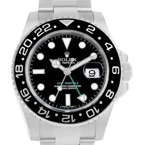 The Rolex GMT-Master 116710 Men's Stainless Steel Black Dial 116710 Men's Stainless Steel Black Dial II watch is shown from the front, highlighting the dial, hands, bezel, date window, and bracelet.