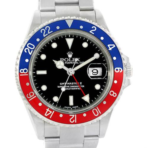 The image displays a front view of the Rolex GMT-Master 16710 Men's Stainless Steel Black Dial 16710 Men's Stainless Steel Black Dial II with a two-tone blue and red bezel.