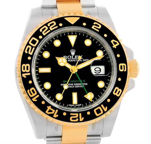 This image shows the front view of a Rolex GMT-Master 116713 Men's Stainless Steel Black Dial 116713 Men's Stainless Steel Black Dial watch, highlighting the dial, bezel, and part of the bracelet.