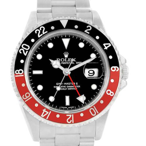 The image shows a front view of a Rolex GMT-Master 16710 Men's Stainless Steel Black Dial 16710 Men's Stainless Steel Black Dial II watch, highlighting its dial and bezel.