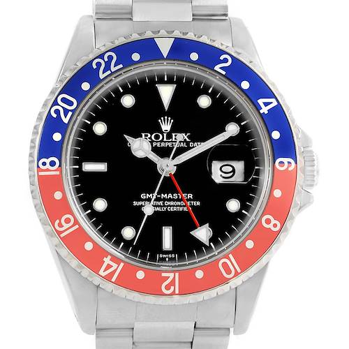 The Rolex GMT-Master 16700 Men's Stainless Steel Black Dial 16700 Men's Stainless Steel Black Dial watch is shown from a front angle, highlighting its dial, bezel, hands, and bracelet.