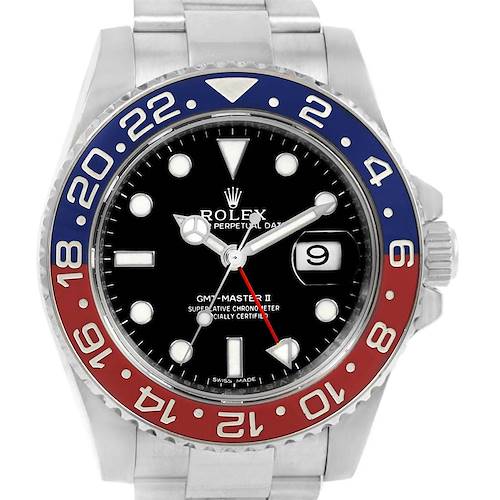 The image shows a front view of the Rolex GMT-Master 116719 Men's White Gold Black Dial 116719 Men's White Gold Black Dial II watch, displaying its distinctive blue and red bezel, black dial, and date window.